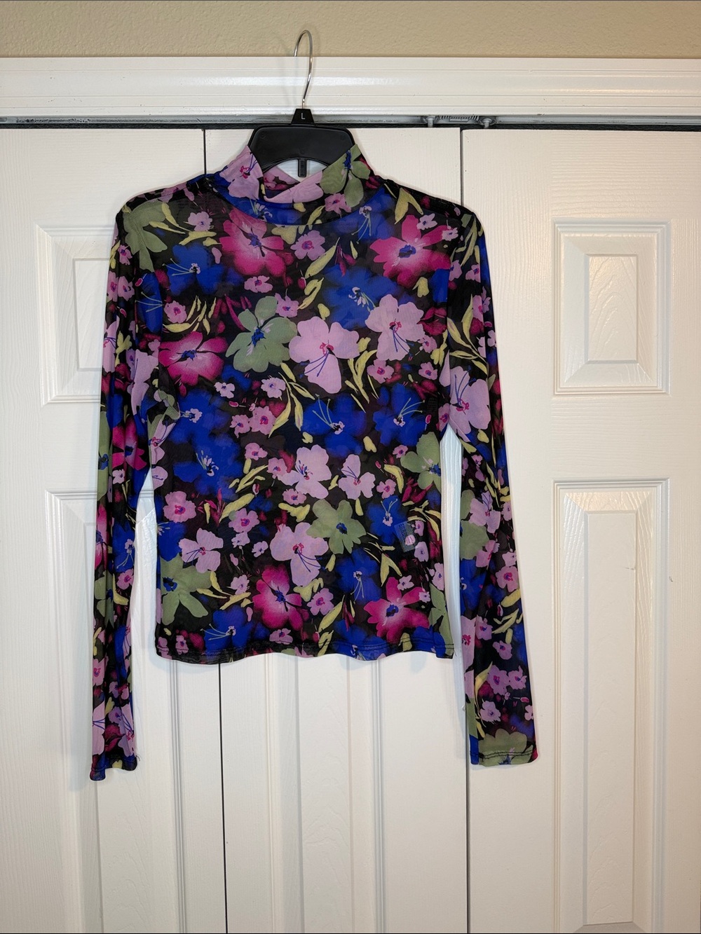 Floral Mock Neck sheer Long-Sleeve Top